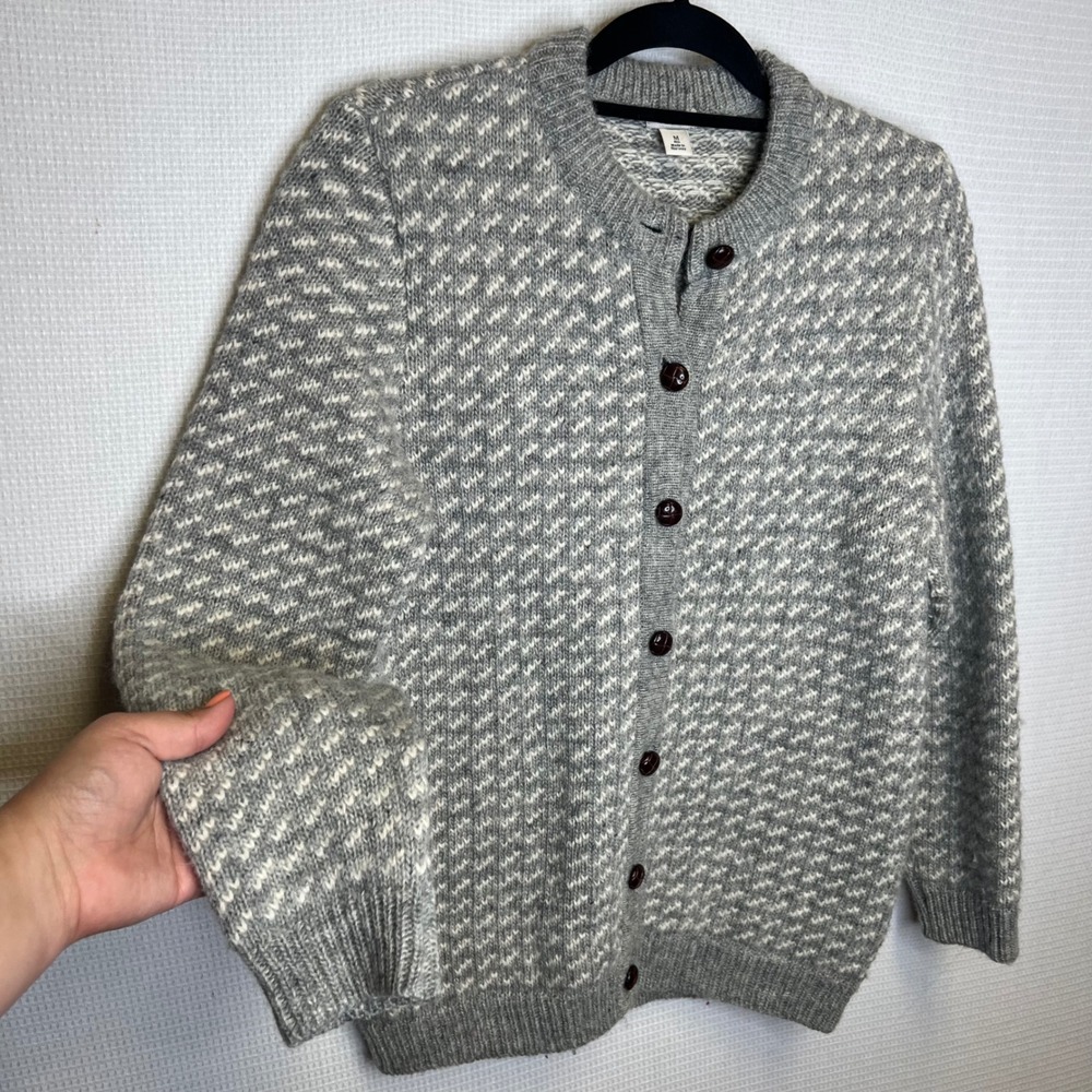 LL Bean Womens Grey Wool Birdseye Cardigan Sweater Made in Norway Size M